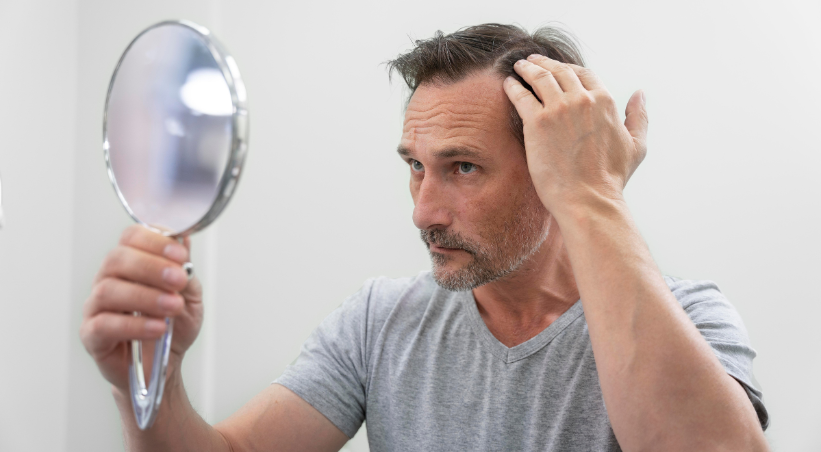 Man examining hair loss and thinning hairline in mirror - common reasons for hair loss in men.