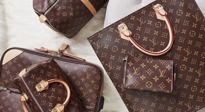 Collection of authentic Louis Vuitton handbags featuring iconic monogram canvas pattern including Neverfull tote, Speedy bag, and Keepall duffle in brown and tan with leather trim on white background.