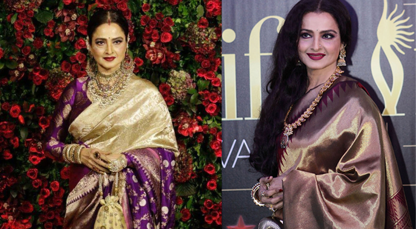 Rekha in golden Kanjeevaram silk saree with purple border at Bollywood award ceremony, wearing heavy temple jewelry, gajra in hair bun, and signature red lips makeup.