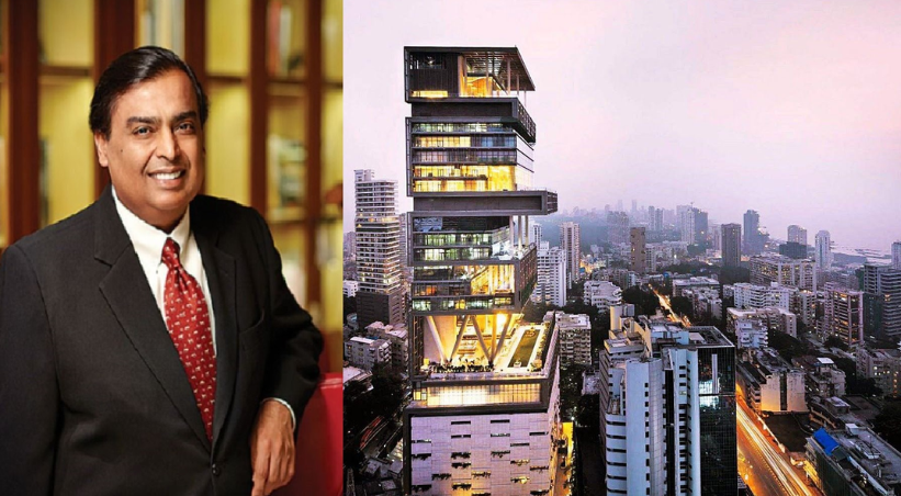 Mukesh Ambani house Antilia luxury residence 27 floors Mumbai skyline Altamount Road billionaire home exterior view.