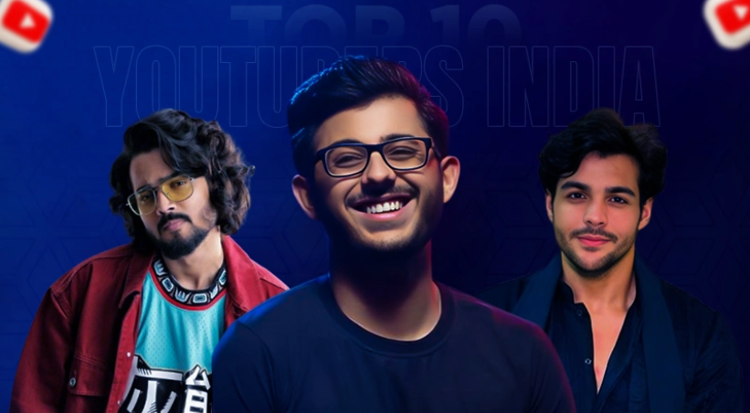 Top YouTubers in India - CarryMinati and popular Indian content creators with YouTube logos on blue background.