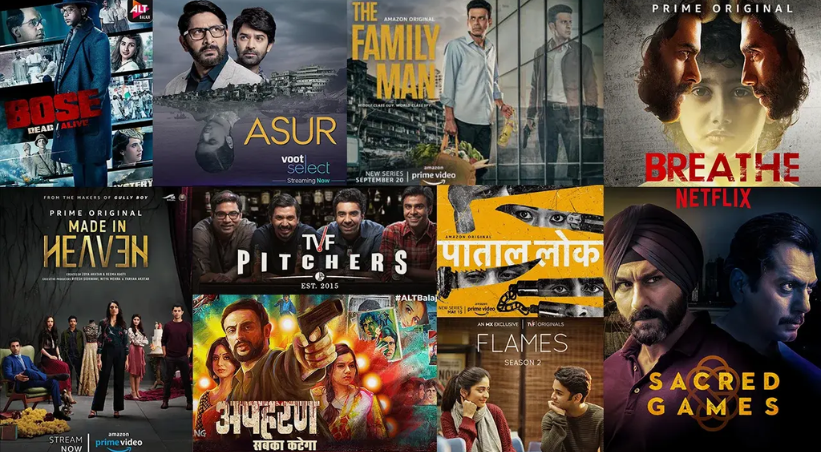 Collection of best Hindi web series posters featuring crime thrillers and drama shows from Netflix, Prime Video and other Indian streaming platforms.
