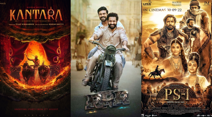 Top South Indian movies dubbed in Hindi posters featuring Kantara, RRR, and Ponniyin Selvan Part 1 showing blockbuster Telugu Tamil Kannada films.