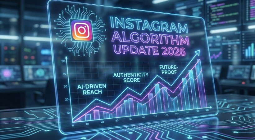 Instagram algorithm update 2026 holographic display showing AI-driven reach, authenticity score and growth metrics chart.