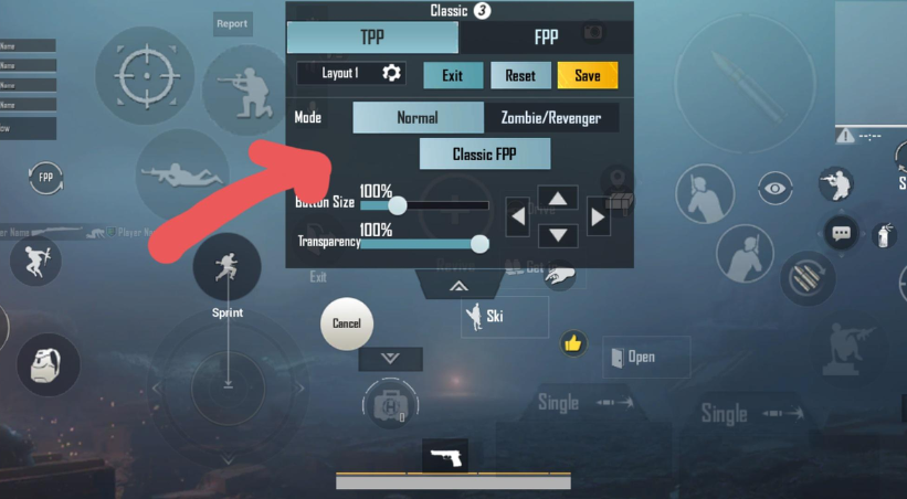 BGMI sensitivity settings menu showing FPP mode layout configuration with cursor size and transparency sliders at 100 percent for optimal control customization.