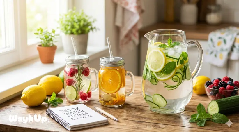 Detox water recipes in mason jars and glass pitcher with lemon, cucumber, mint, and fresh berries on a wooden table