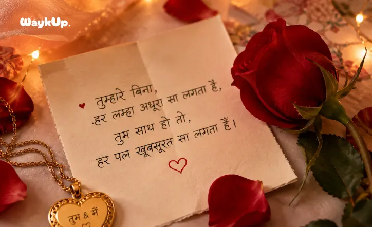 100 plus heart-touching love quotes in Hindi displayed on a romantic background with a red rose and golden fairy lights for WhatsApp and Instagram