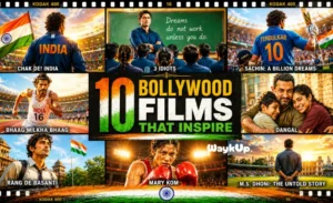 A cinematic collage of 10 inspirational Bollywood movies that inspire growth, success, and self-belief including Dangal, 3 Idiots, and Taare Zameen Par