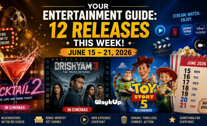Entertainment guide banner showing OTT and theatre releases from June 15-21 including Cocktail 2, Drishyam 3, and Toy Story 5 with calendar dates and streaming platform icons