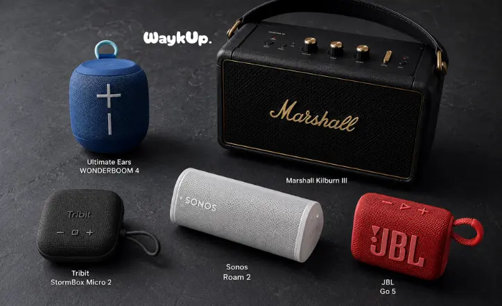 Five best Bluetooth speakers of 2026 including Ultimate Ears WONDERBOOM 4, Tribit StormBox Micro 2, Sonos Roam 2, JBL Go 5, and Marshall Kilburn III arranged on a dark slate surface