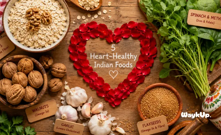Top 5 heart-healthy foods for Indians including oats, walnuts, garlic, leafy greens like spinach and methi, and flaxseeds arranged on a wooden surface with a red heart