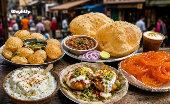 Top 10 must-try street foods in Delhi including chole bhature, aloo tikki, gol gappe, jalebi, and Daulat ki Chaat displayed on a rustic surface