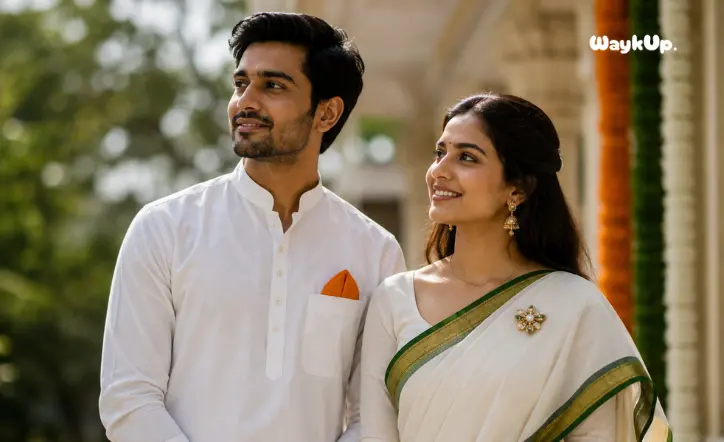 Indian man and woman in white outfits with subtle saffron and green tricolour accents for Independence Day