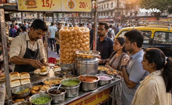 Mumbai street food stall serving vada pav, pani puri and bhelpuri at a busy market