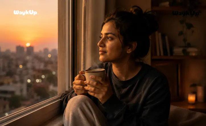 Person sitting alone by a window in soft evening light, looking thoughtful and reflective