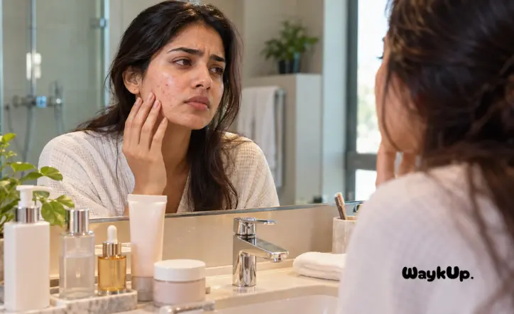 Woman checking skin irritation and breakouts caused by unsuitable skincare products